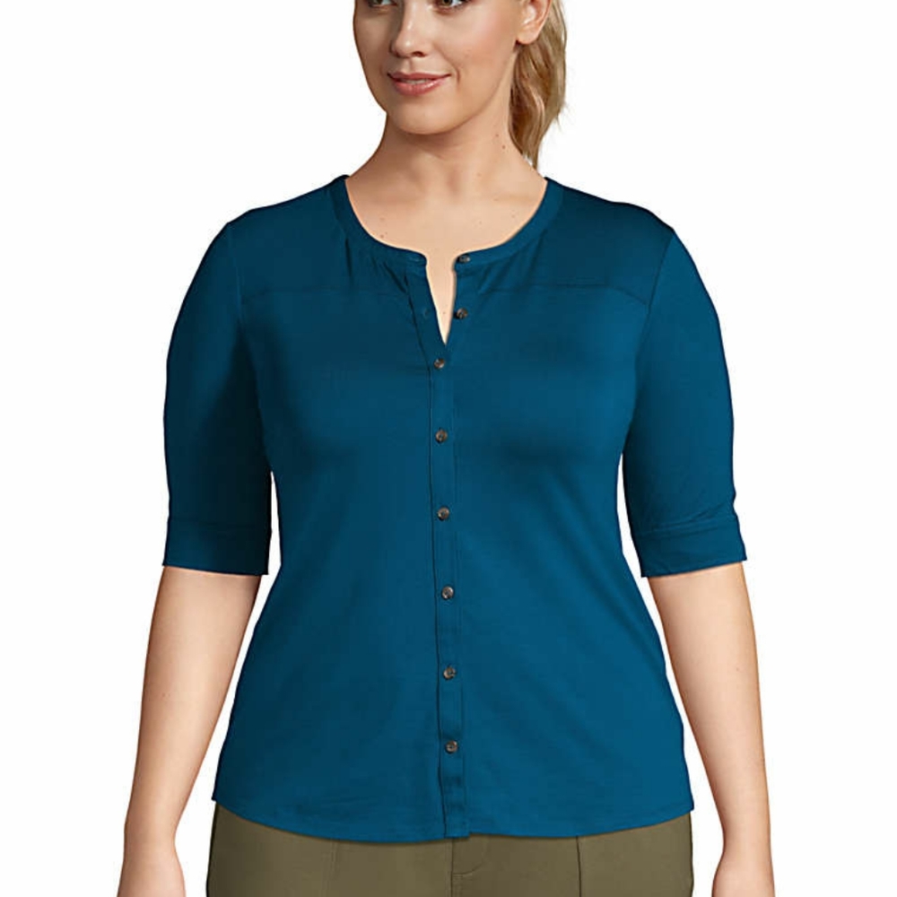 Land's End Teal Elbow Sleeve Button Front Top
